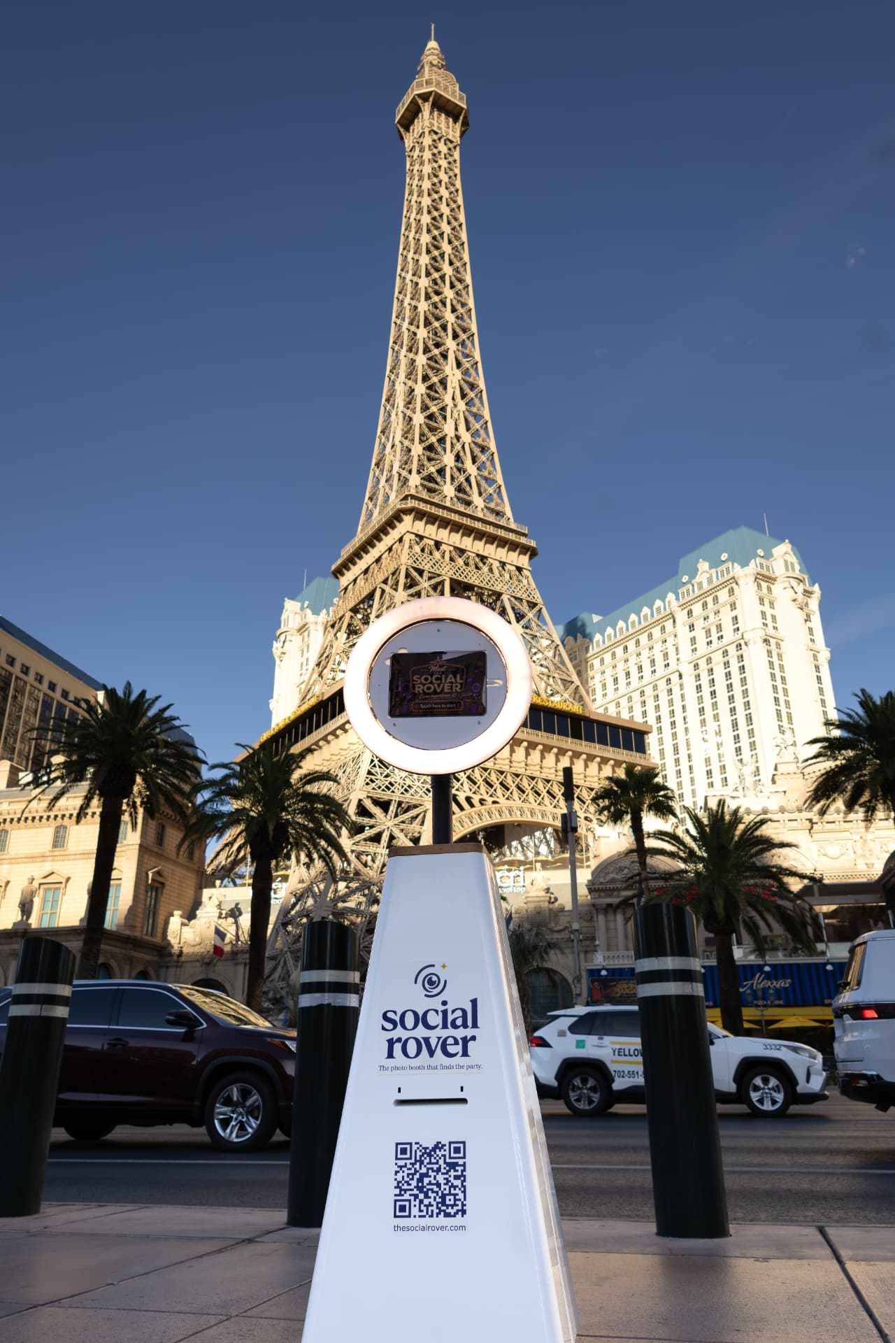 The Social Rover in front of the Eiffel Tower replica in Las Vegas