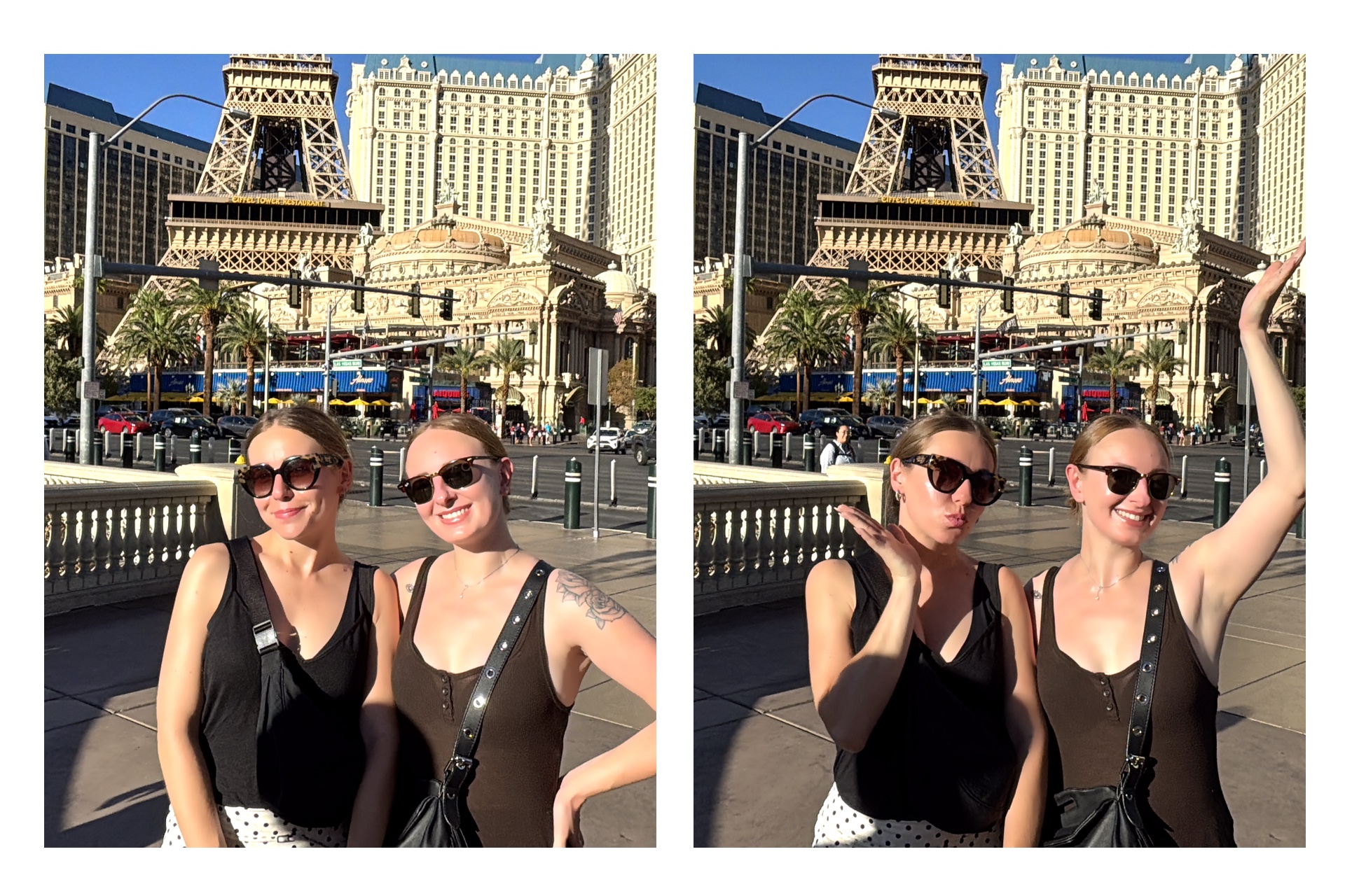 Two guests posing in a Social Rover photo strip on the Strip