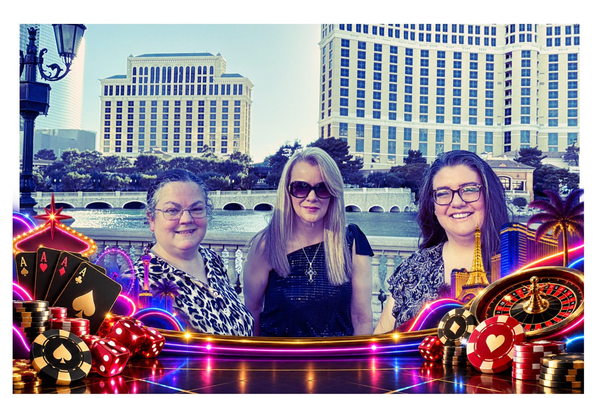Three guests in a neon Vegas themed Social Rover photo