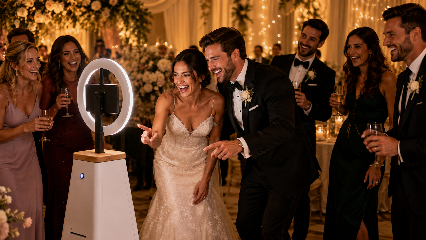 A bride and groom laughing with The Social Rover at their wedding reception